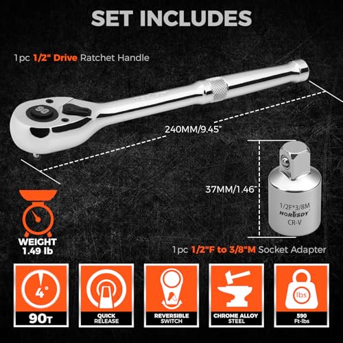 Image of HORUSDY 1 /2 inch Drive 90T Quick-Release Ratchet Handle, Reversible Chrome Alloy Socket Wrench with 1 /2 inch to 3 /8 inch Adapter, Durable and Comfortable for Automotive, DIY, Industrial and Bicycle Repairs
