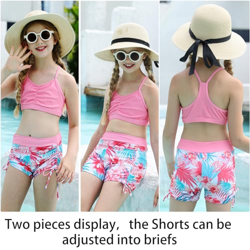 Funnycokid Girls Swimsuits Size 9-10 Long Sleeve 3 Piece Bikini Swimwear Short Zip Rash Guard Set Pink Floral Bathing Suit thumb #3