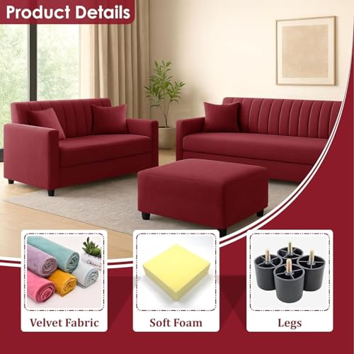 Image of 5 Seater Wooden Sofa Set 3+2 with Ottoman, Premium Velvet Fabric Comfortable Seating, Modern Space Saving Design for Living Room, Office and Guest Room - Red