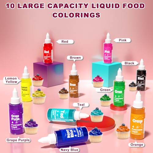 Image of Food Coloring Liquid -10 Colors x 70ml Food Dye Set, Large Capacity Vibrant Edible Paint for Frosting, Cake Decorations, Easter Egg, Baking, Fondant, Slime Making Kit, Easy to Use - 24 Fl. oz