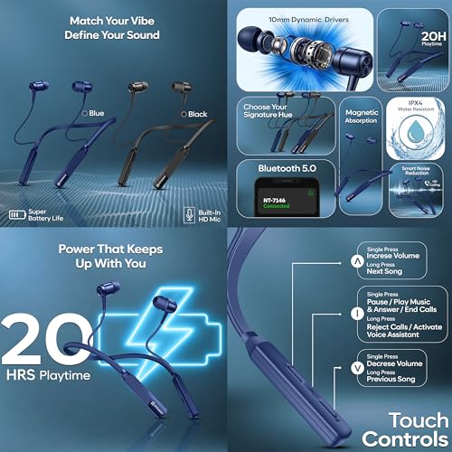 Image of Bluetooth 5.4 Neckband Earphones, 20H Playtime, Smart Noise Reduction, Magnetic Absorption in Blue & Black Set of 2
