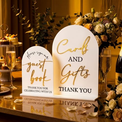 Amyhill 1 Set Acrylic Wedding Signs for Reception 8 10 Cards and Gifts 5 x 7 Please Sign Our Guestbook Sign with Stand Wedding Table Decor for Marriage Memorial Ceremony(Gold Black Classic)