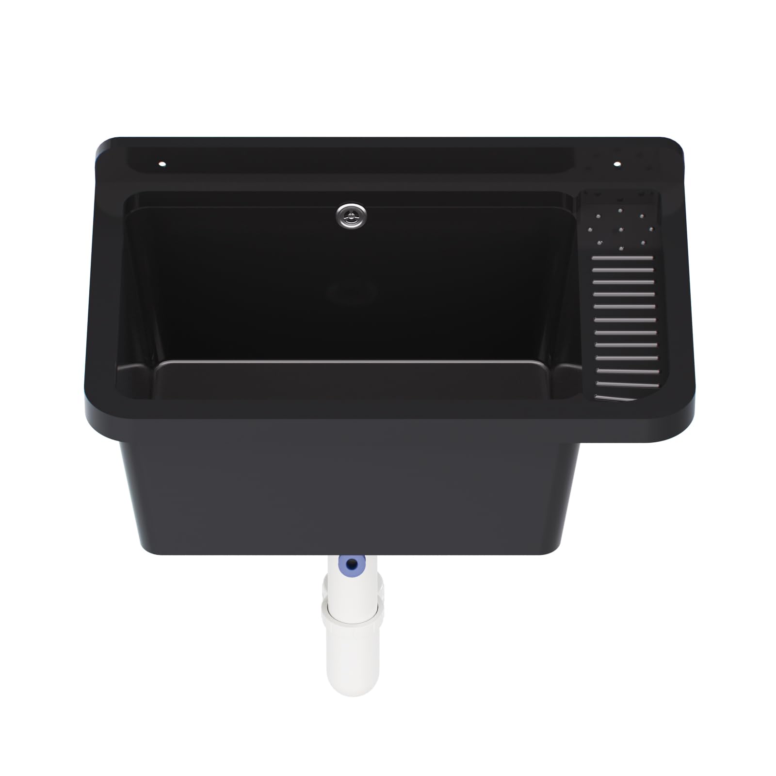 QLS Fregadero plástico 50,8x33,8 cm con sifón y kit negro | Para garaje, taller y lavadero. Resistente al calor, fácil de limpiar, interior/exterior, con kit de montaje