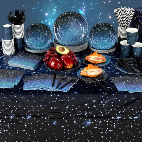Image of Funnymoom 452 Pcs Galaxy Party Decorations for 50, Starry Night Theme Paper Plates Napkins Cups Tablecloth Cutlery Straws for Outer Space Theme Birthday Bridal Baby Shower Party Decorations Supplies