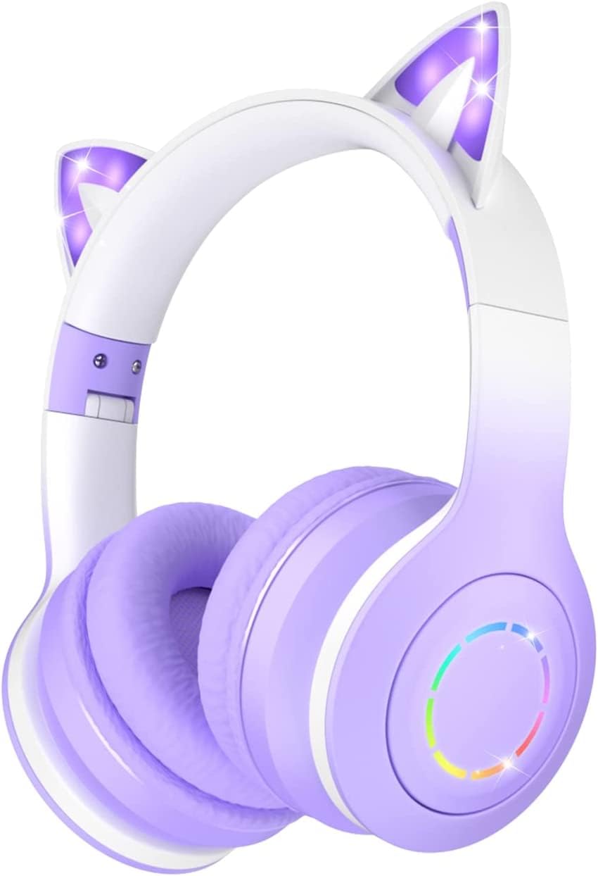 Daemon Cat Ear Headphones, Wireless Over-Ear Headphones with Microphone for Kids, Teens, Adults (Purple)