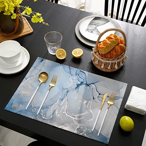 Marble Placemats Set Of 6, Blue Sliver Gold Anti-Slip Dining Table Place Mat Sets, Nature Stone Marble Texture Cotton Linen Holiday Washable Mats For Dinner Party Table Decor #TOP3