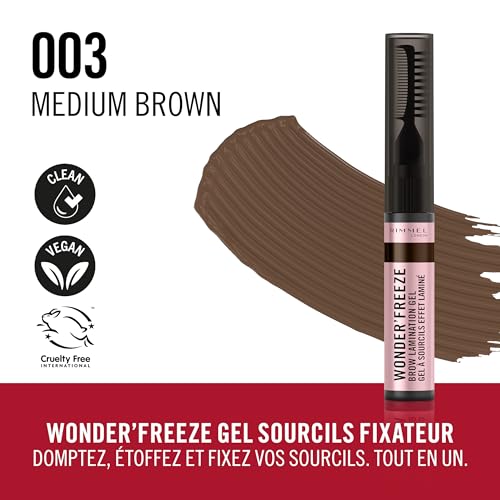 Rimmel Wonder'Freeze Gel de Fixation des Sourcils, Cire à sourcils, sculpte les sourcils, non collant, application propre, léger, formule vegan, 6 g, 003 Medium Brown