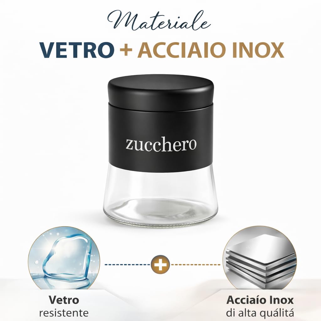 Set 3 Barattoli in Vetro 750 ml per Sale, Zucchero e Caffè – Contenitori con Coperchio – Eleganti, Resistenti, Ideali per la Cucina, Vari Colori (NERO)