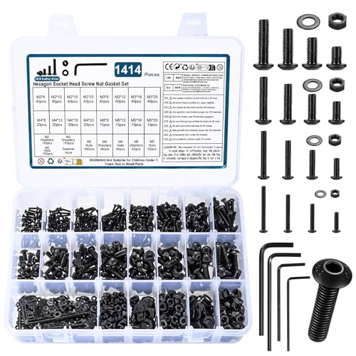 1414 STK M2 M3 M4 M5 Schrauben Set, Schwarze Innensechskantschrauben Muttern Set mit Unterlegscheiben Set, Gewindeschrauben mit Muttern, Linsenkopfschrauben und Muttern, Fahrrad Schrauben Set
