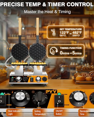 Image of PYY Bubble Waffle Maker - Commercial Hong Kong Egg Waffle Maker, Double Head, 180 Rotate, Non-Stick Plate, 50-250℃ Adjustable Temp, 0-5Min Timer, Bubble Waffle Machine for Commercial Use, 3100W