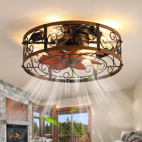 Image of 18 Inch Caged Ceiling Fan with Lights, Farmhouse Rustic Bladeless