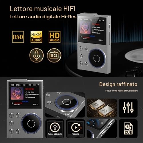 Lettore MP3 HiFi con Bluetooth, Lettore Musicale Audio Digitale Ad Alta Risoluzione DSD Lossless, Lettore Audio Portatile con Scheda di Memoria da 16 GB, Supporto Fino a 256 GB
