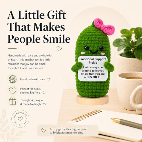 Image of Emotional Support Pickle Crochet with Stand. Handmade Positive Pickle Gift for Women, Friends, Family, Co Workers. Birthday Gifts. Best Friends (Pink Support Pickle)
