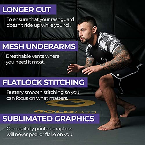 Gold BJJ Jiu Jitsu Rashguard - Camo Long Sleeve Rash Guard Compression Shirt for No-Gi, Gi, & MMA (Purple Camo, XS)