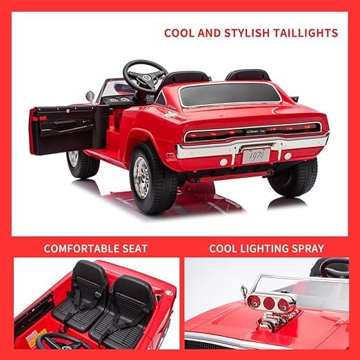Image of Kids Licensed Dodge Charger 1970 | Big Size 12V Electric Ride On Car for Kids with Remote Control, Music and Light1-7 Yrs Car Battery Operated Ride On | Double Seater | Smoke Feature (Red)