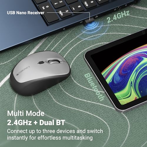Image of Zebronics Wireless Mouse, Dual Mode 2.4GHz + BT, Upto 1600 DPI, 4 Buttons, USB Nano Receiver, Silent Operation, Ergonomic Design (Pulse 100, Black + Grey)