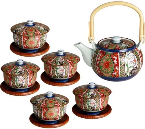 Nishiko Imari Style Arita Ware Made in Japan Brown Pan Set with Wooden Tea Holder, Φ10x8/16.5x13x9.7cm, white/black/red