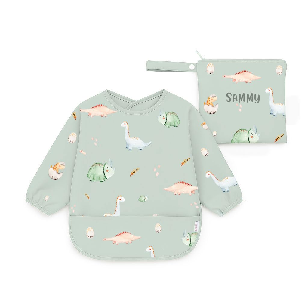 J.Børn BLW Long Sleeve Baby Feeding Bib + Free Personalised Matching Storage Bag for Baby Led Weaning, Waterproof Coverall Weaning Bibs 6-12M (Dinosaurs)
