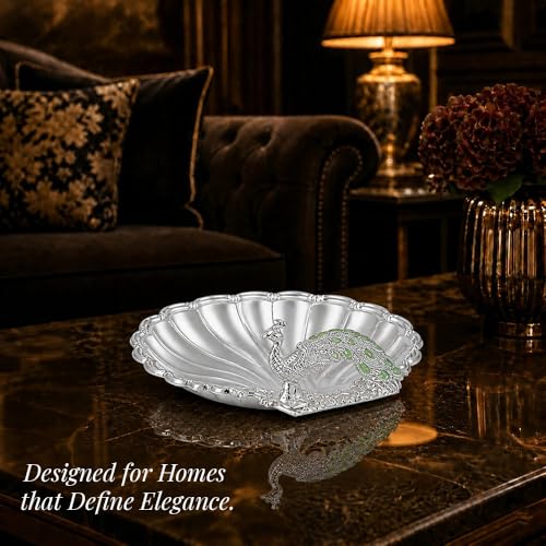 Image of Diviniti German Silver Peacock Decorative Bowl with Green Enamel Design for Home Decor | Luxury Silver Plated Dry Fruit & Sweet Serving Tray with Gift Box for Festive Dining & Gifting