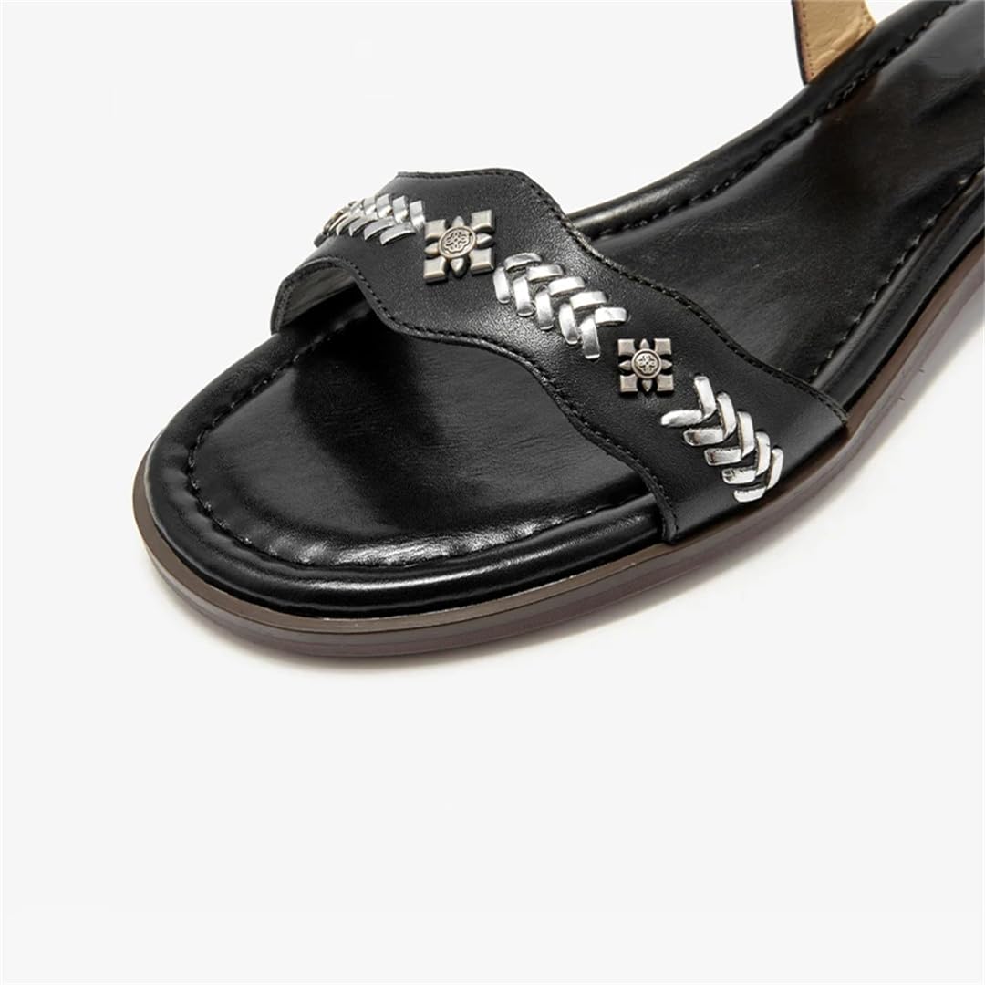 Sandalias de verano para mujer, con correa trasera, tacón redondo, con correa al tobillo, de piel de vaca auténtica, decoración de metal, sandalias casuales de verano
