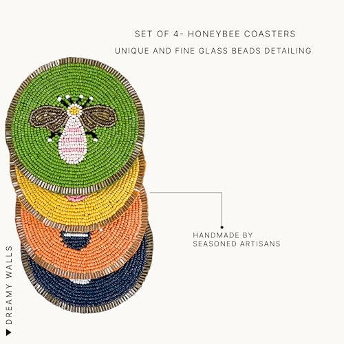 Image of Dreamy Walls 4'' Honeybee Beaded Coasters for Drinks, Tabletop & Coffee Table | Easy Clean, Non-Slip & Heat-Resistant, Party /Office /Home Decor | 4 Inches, Set of 4, Multicolor, Embroidered, Round