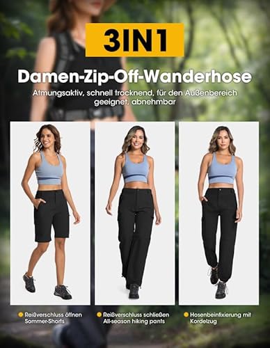 BondiTrekk Damen-Wanderhose-Zip-Off-Trekkinghose, Atmungsaktiv Wanderhose Damen Schnell Trekkinghose Abnehmbar Zip Off Outdoorhose Sommer Hiking Pants Funktionshose Schwarz M