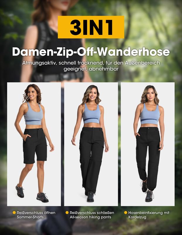 BondiTrekk Damen-Wanderhose-Zip-Off-Trekkinghose, Atmungsaktiv Wanderhose Damen Schnell Trekkinghose Abnehmbar Zip Off Outdoorhose Sommer Hiking Pants Funktionshose Schwarz L