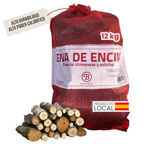 Leña Encina Saco 12kg Madera Dura Secada Horno Alto Rendimiento Calor Intenso Llama Duradera Ideal Chimenea Estufa Barbacoa Interior Exterior Combustión Lenta Baja Humedad Ecológica Limpia