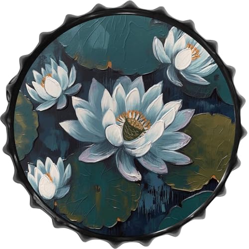 FodPand 1PCS Hand Painted Flower Tin Sign - 11.8 Inch Metal Bottle Cap Wall Art Vintage Beer Decor for Man Cave, Bar, Kitchen & Office, Ready to Hang Round Metal Sign