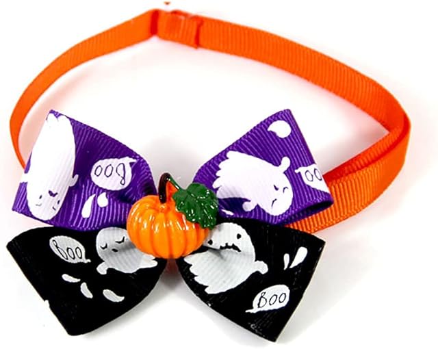 Halloween Pet Bow Ties,Adjustable Slides Collars,Skull Ghost Pumpkin Collar Pattern Bow Ties for Pet Small Dogs Cats (Purple&Balck)