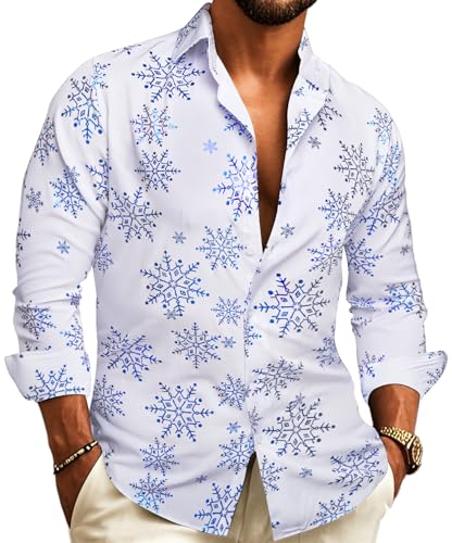 Barry.Wang Christmas Shirt for Men Holiday Party Dress Shirts Hawaiian Long Sleeve Snow Print Regular Shirt
