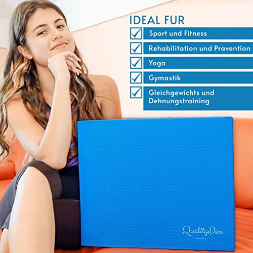 Quality Den Balance Pad, Rutschfester Weichschaum, Balancekissen für Stabilität und Koordination - Hilft, die Tiefenmuskulatur zu Stärken - Inklusive e-Übungshandbuch (48x40x6 cm, Blau)