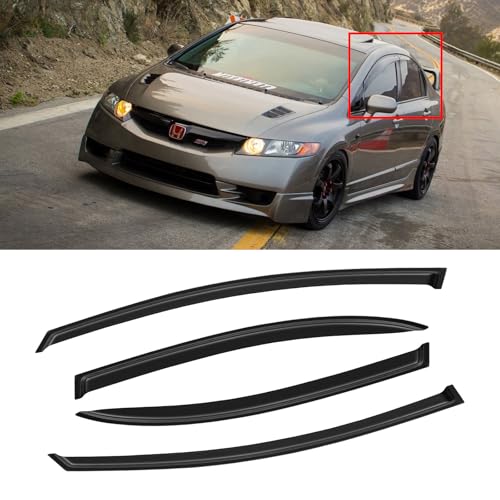 Window Visor for 2006-2011 Honda Civic, Out-Channel Rain Guards Shields Vent Deflector Shade Wind Dark Smoke for 06-11 Civic 2007 2008 2009 2010, Tape-On Outside-Mount, 4PCS