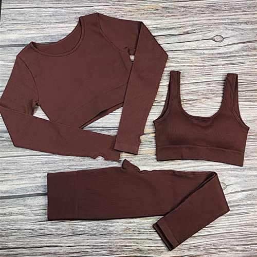Ensembles de yoga blancs Sport Femme Rib Setwear Setwear Girls Girls Seamless Fitness Cost Workout Vêtements Athletic Wear Women Samless Gym Set (Color : 3PCS set Coffee-1, Size : L(62-75KG)) Cover