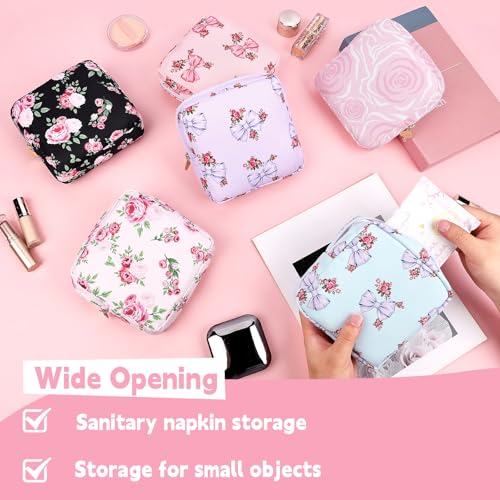 Image of Sanitary Pad Storage Bag Portable Period Bag for Teen Pads /Sanitary Napkins /Small Tampons, Sanitary Napkin Storage Bag First Period Gifts for Teen Girls (Pink Rose Bowknot)