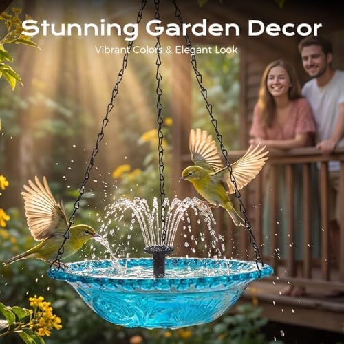 Hanging Solar Bird Bath Fountain - Cascading Water Feature for Garden, Solar Powered Bird Bath Fountain Outdoor, Hanging Bird Bath with Solar Fountain for Patio Yard Decor (Blue) - 5