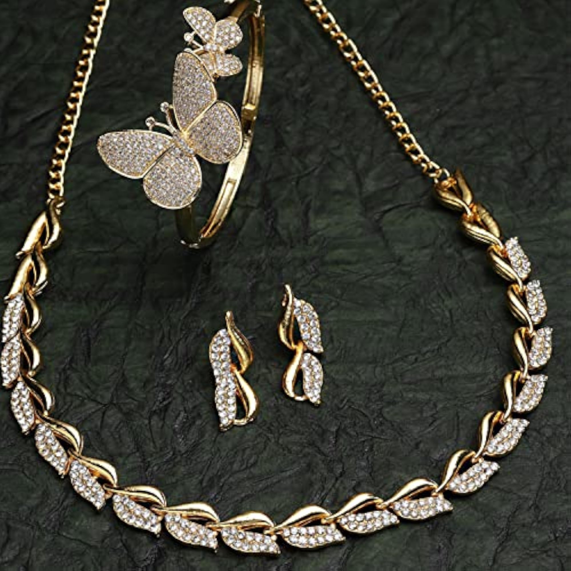 American Diamond Leaf Necklace Set With Bracelet (Golden)