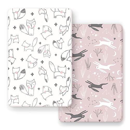 Image of GRSSDER Stretchy Ultra Soft Jersey Knit Pack n Play Sheets Set 2 Pack, Portable/Mini Cribs Playard Sheets, Cute Foxes and Rabbits for Baby Girls and Boys