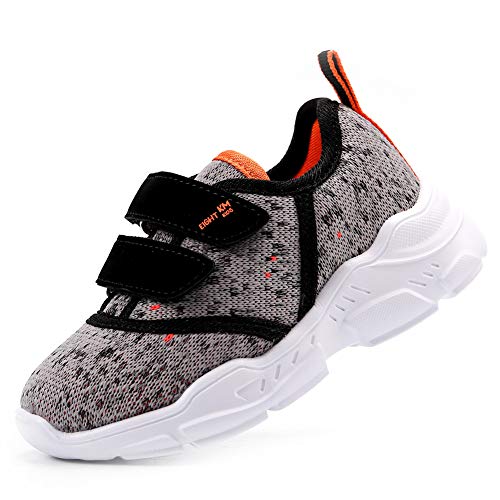 EIGHT KM Niños y niñas Niños pequeños/Pequeños/Grandes Niños EKM7028 Zapatillas de Velcro Ligeras y Transpirables de Tela Gris/Naranja con Velcro Zapatos Escolares Tamaño 23