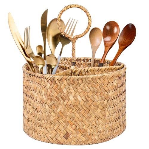 Yifanzhibian Cutlery Holder, Hand-Woven Seagrass Utensil Caddy, Silverware Caddy Spoon Holder, Utensil Organizer For Countertop, Flatware Caddy With Handle cover