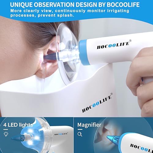 BOCOOLIFE Electric Ear Wax Removal Kit – Water Flushing Irrigation System Ears Flush Cleaner Powered with 4 Pressure Settings, Safe & Effective Ear Cleaning for Adults, Includes 5 Tips & Ear Basin