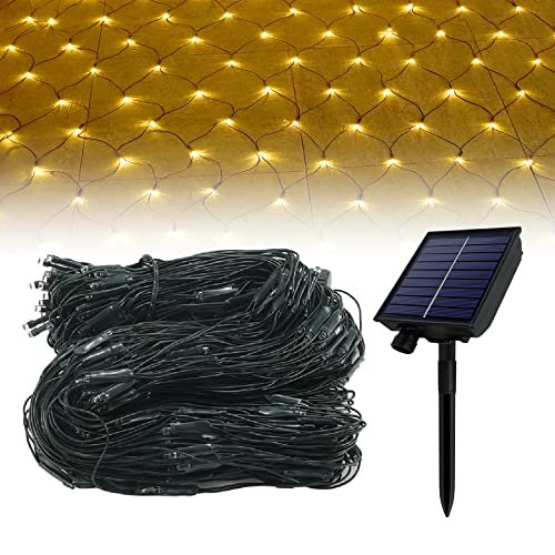 Froadp Red de luces LED solares, para exteriores, 3 x 2 m, iluminación de Navidad, 250 ledes, cortina con mando a distancia y 8 modos de iluminación, luz blanca cálida, luces de hadas para interior,