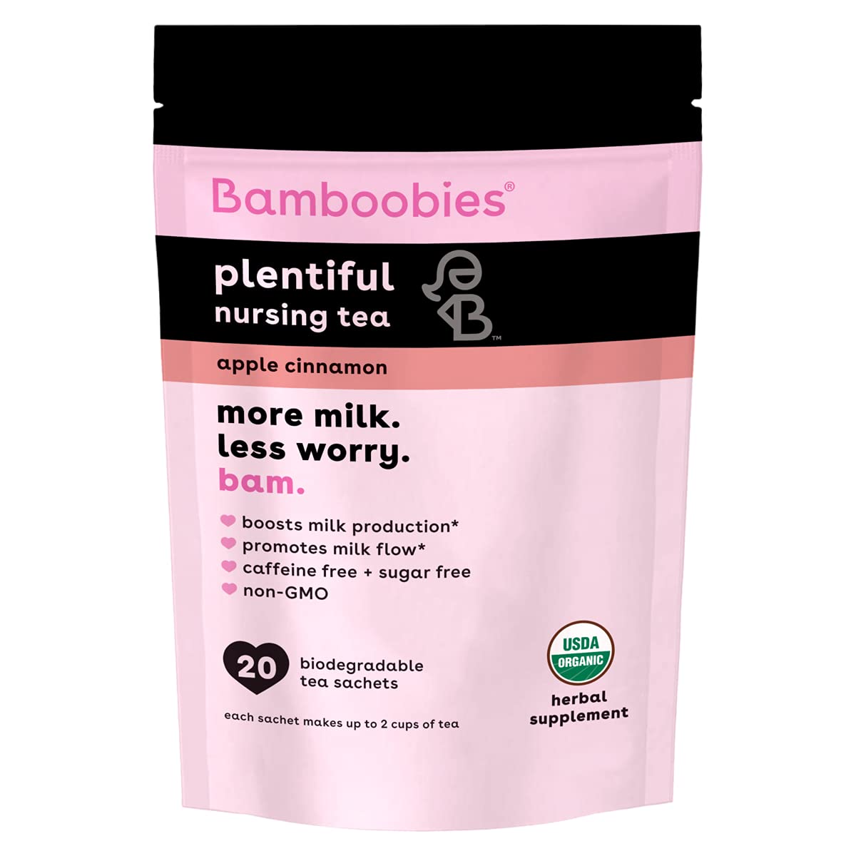 Bamboobies Bam Women's Pregnancy Herbal Tea for Nursing Support, Apple Cinnamon, Boosts Milk Production, Organic, Non GMO, Caffeine Free, and Sugar Free, 20 Tea Bags