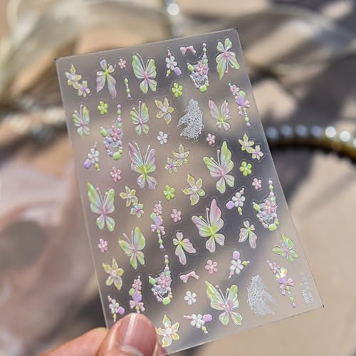 Image of Butterfly Nail Stickers Decals Flower Nail Stickers for Nails Art with Pink Green Ombre Design 5D Embossed Self Adhesive Spring Nails Decals for Women DIY Manicure Supply Decoration Accessories
