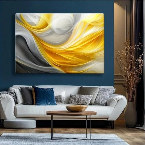 Cuadro abstracto amarillo y gris para sala de estar, dormitorio, obra de arte moderna, decoración de oficina (30 x 45 cm, sin marco)
