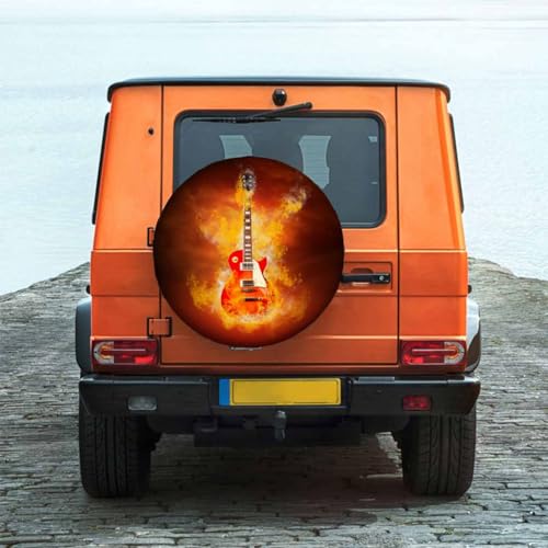 Image of Rock Guitar in Burning Fire Spare Tire Cover for RV Trailer Rock Instrument Guitar Wheel Protectors Weatherproof Polyester Tire Case for All Cars SUV Camper Travel 15 inch, STC065