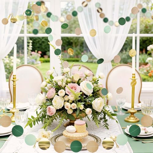 Image of NICROLANDEE Wedding Party Decorations - 3 Pack Sage Green Dots Paper Garland String Hanging Backdrop for St Patricks Day Rustic Wedding, Neutral Baby Shower, Vintage Party, Birthday, Engagement