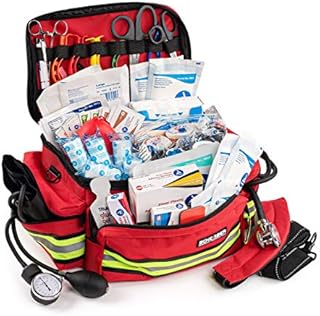 Scherber First Responder Bag | Fully-Stocked Professional Essentials EMT/EMS Trauma Kit | Reflective Bag w/8 Zippered Pockets & Compartments, Shoulder Strap & 200+ First Aid Supplies - Red