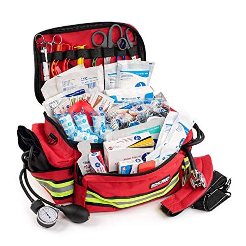 Scherber First Responder Fully-Stocked Professional Essentials EMT/EMS Trauma Kit | HSA/FSA Approved | Reflective Bag w/8 Zippered Pockets & Compartments & 200+ First Aid Supplies – Red