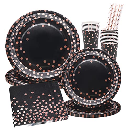 INHEMING Partygeschirr Set Schwarz und Roségold,80 Stück Einweggeschirr Papier Set Pappteller Pappbecher Strohhalm Servietten für Geburtstag HochzeitJubiläen (20 Gäste) Cover